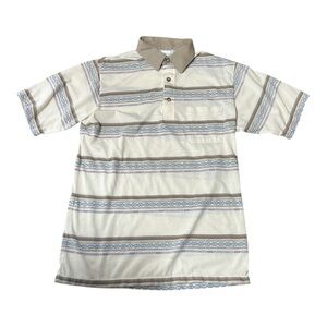 Vintage 90s Men's Polo Shirt - Cream and Blue Stripes